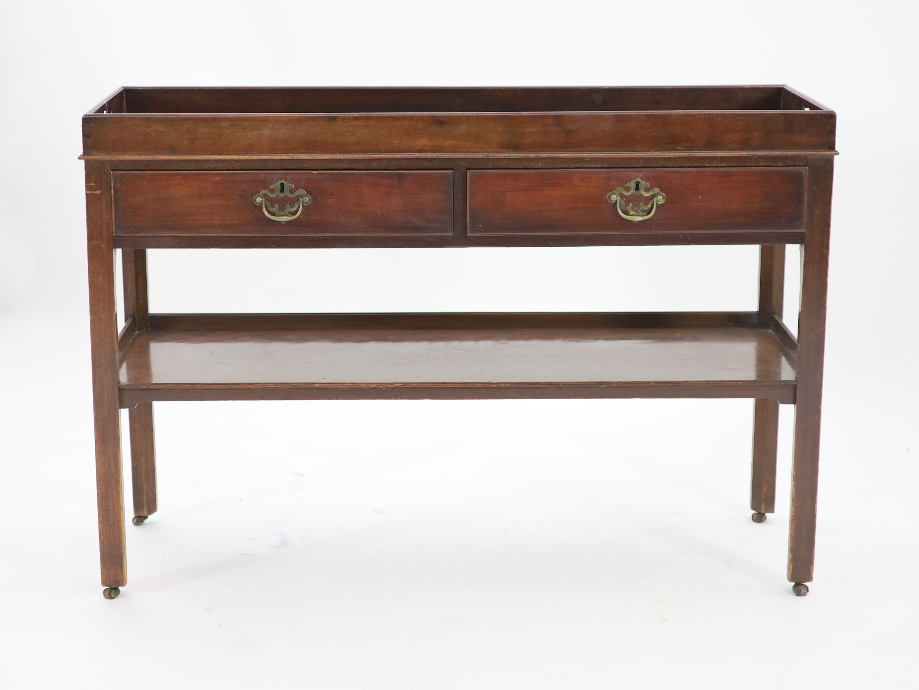 A George III mahogany tray top side table, W.115cm D.38cm H.79cm